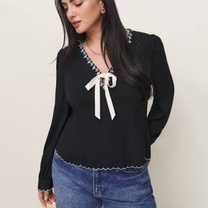 Reformation Vivia Blouse in Black with White Trim